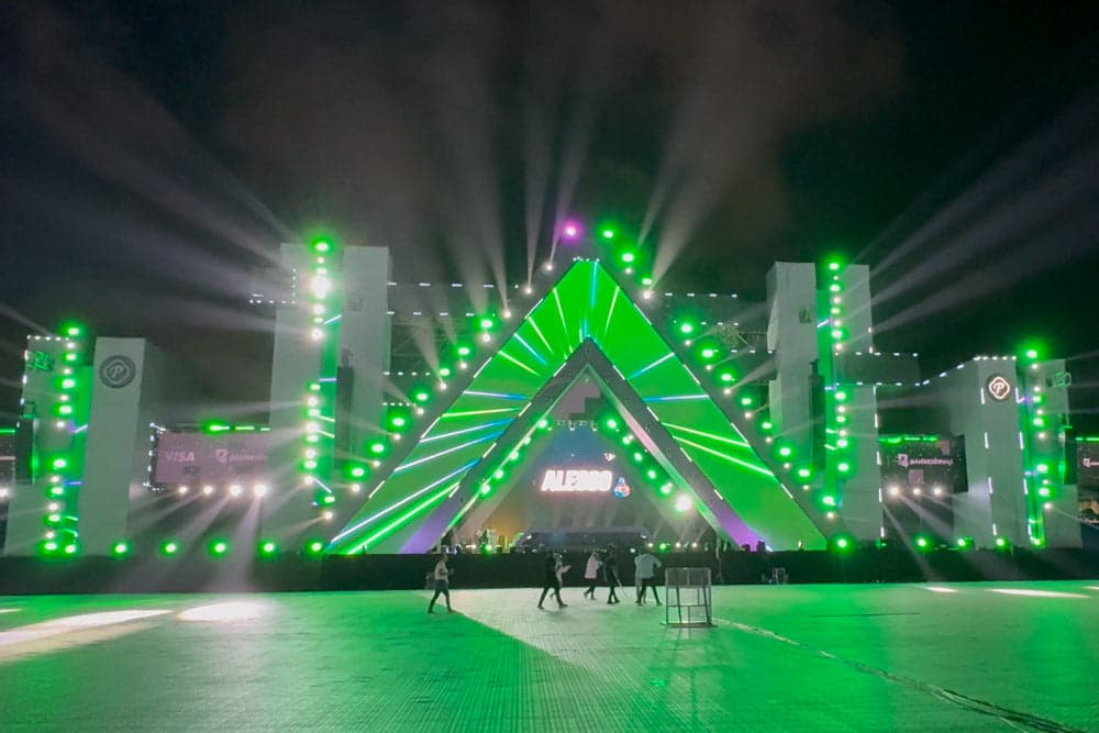 Barbarella stage architecture illuminated in green during setup