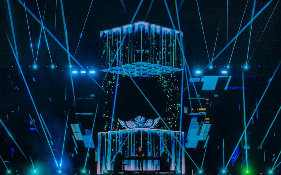 David Guetta performing inside the illuminated Monolith structure